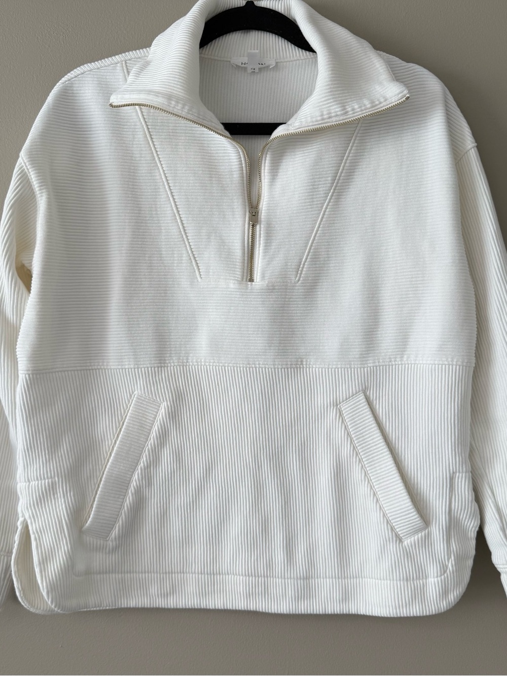 Haven Well Within Women's Ivory White Cotton Ribbed Half-Zip Pullover Hoodie
